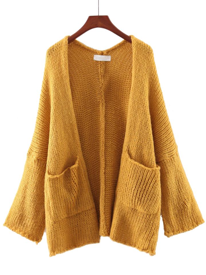 Romwe Ginger Long Sleeve Pocket Cardigan