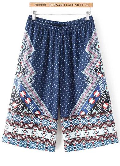 Romwe Elastic Waist Tribal Print Wide Leg Pant