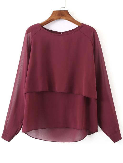 Romwe Burgundy Long Sleeve Double Layers Chiffon Blouse