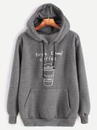 Romwe Dark Grey Printed Hooded Sweatshirt With Pocket