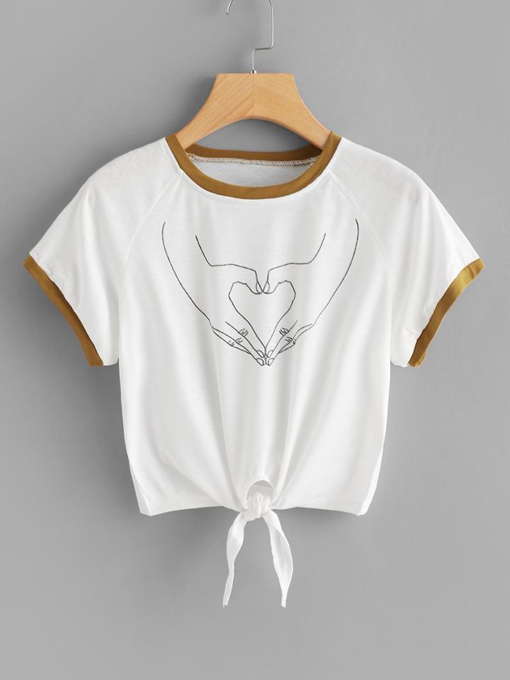 Romwe Graphic Print Knot Hem Tee