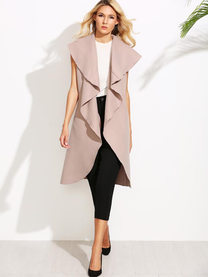 Romwe Pink Oversized Waterfall Sleeveless Coat