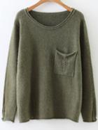 Romwe Army Green Rolled Trim Ripped Knitwear With Pocket