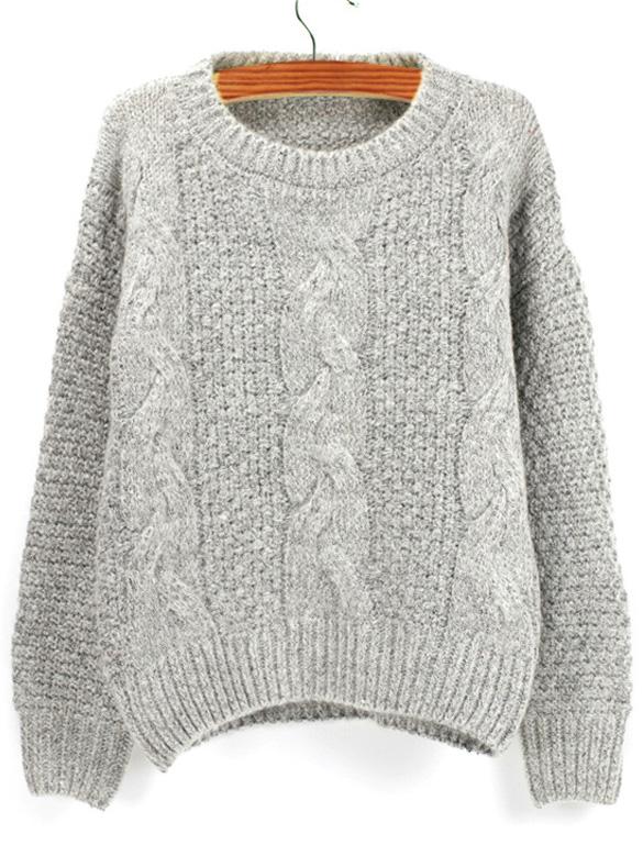Romwe Grey Round Neck Chunky Cable Knit Sweater