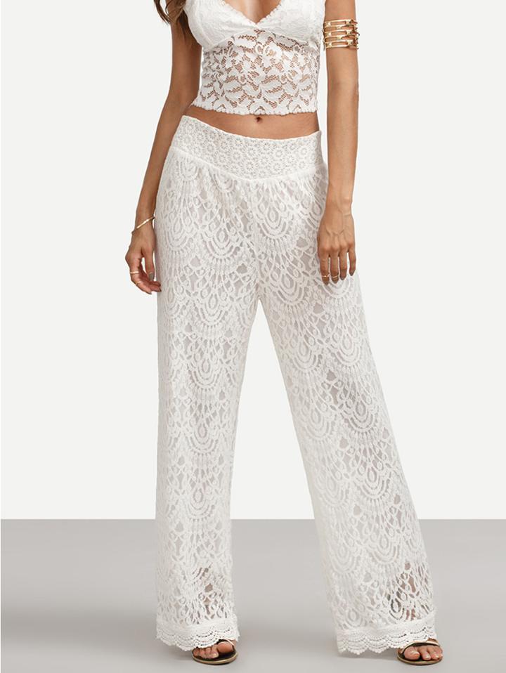 Romwe White Tie Back Lace Wide-leg Pants