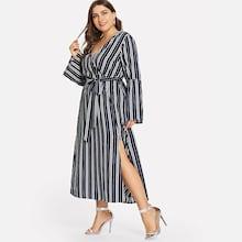 Romwe Plus Split Striped Dress With Belt