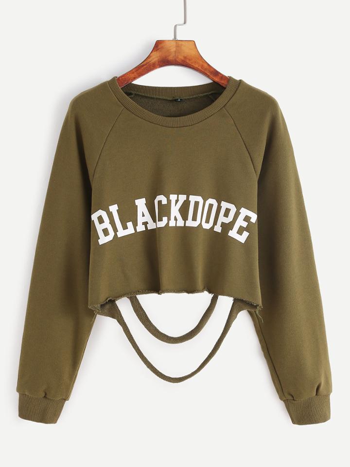 Romwe Letter Print Raglan Sleeve Ripped Raw Hem Sweatshirt