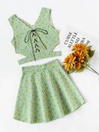 Romwe Striped Florals Eyelet Lace Up Cut Out Top With Skirt
