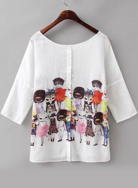 Romwe With Buttons Miss Cat Print Top