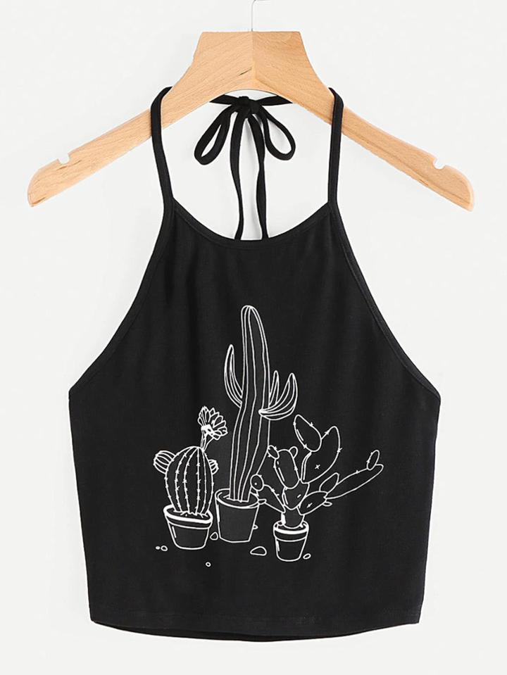 Romwe Cactus Print Halter Neck Top