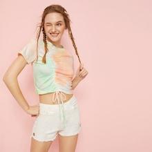 Romwe Drawstring Front Tie Dye Tee