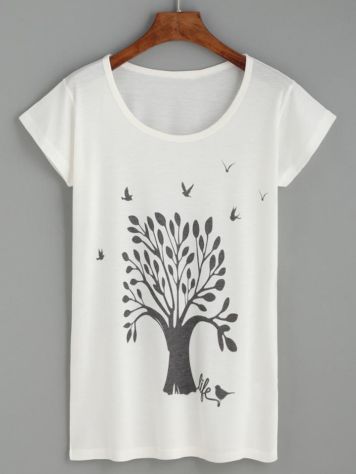 Romwe White Tree And Birds Print T-shirt