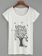 Romwe White Tree And Birds Print T-shirt