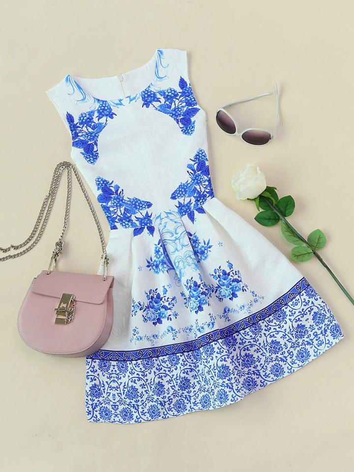 Romwe Porcelain Print Embossed Fit & Flare Dress