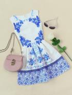 Romwe Porcelain Print Embossed Fit & Flare Dress