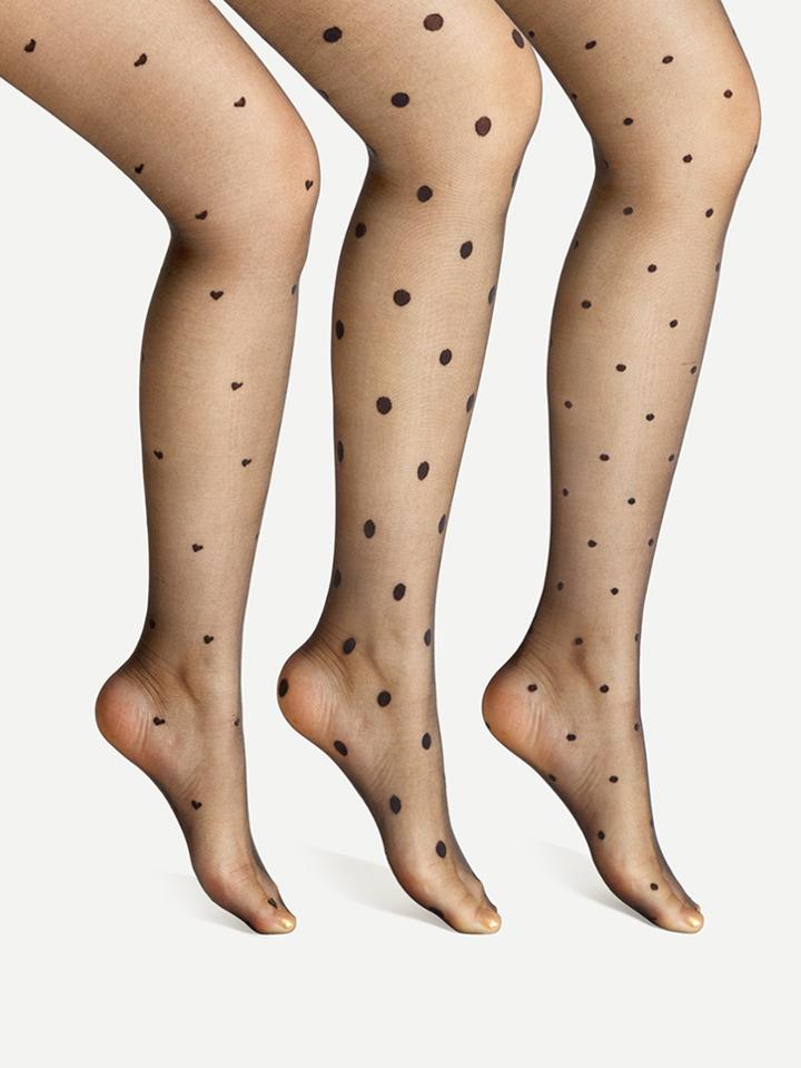 Romwe Polka Dot & Heart Pattern Sheer Tights 3 Pairs