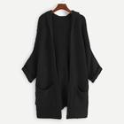 Romwe Plus Pocket Patched Solid Hoodie Cardigan