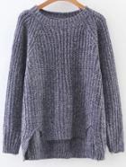 Romwe Blue Raglan Sleeve Dip Hem Sweater