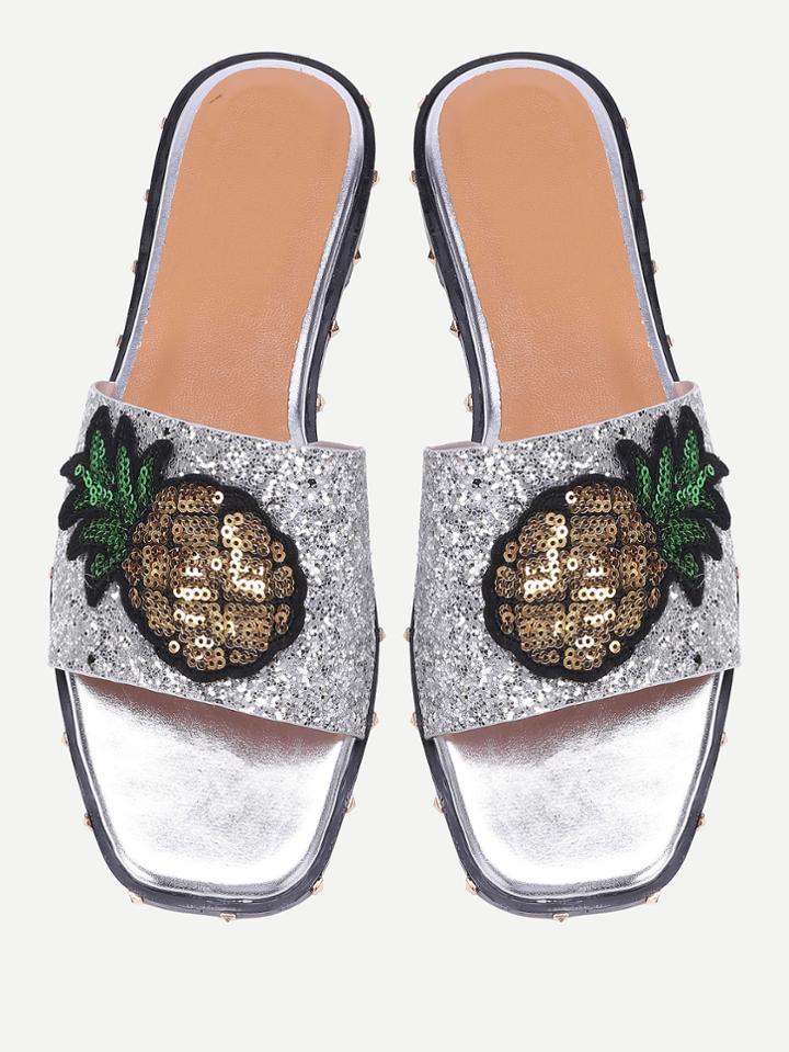 Romwe Pineapple Patch Glitter Slider Sandals