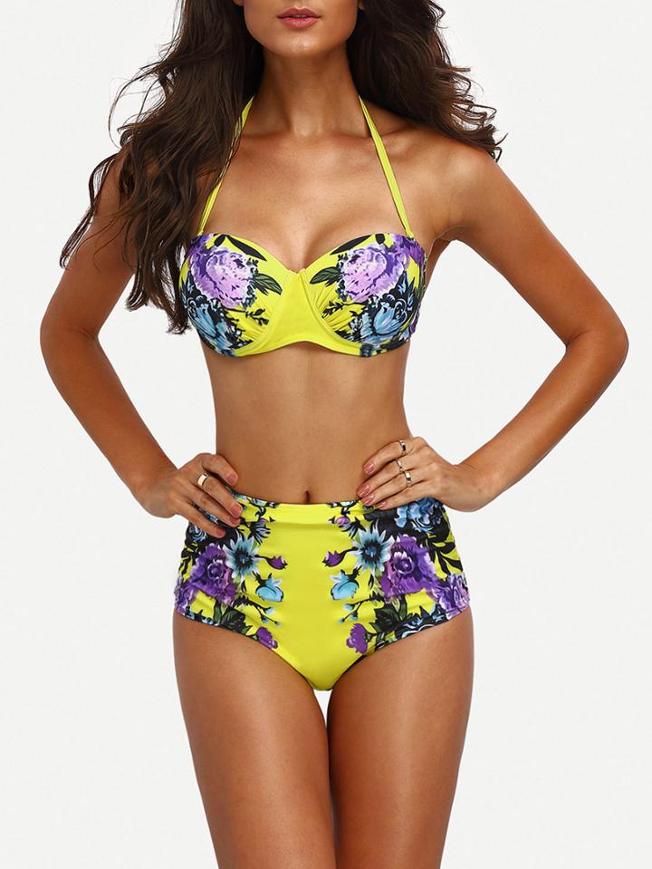 Romwe Halter Flower Print Vintage Bodice Bikini Set