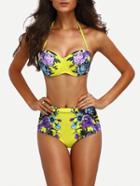 Romwe Halter Flower Print Vintage Bodice Bikini Set