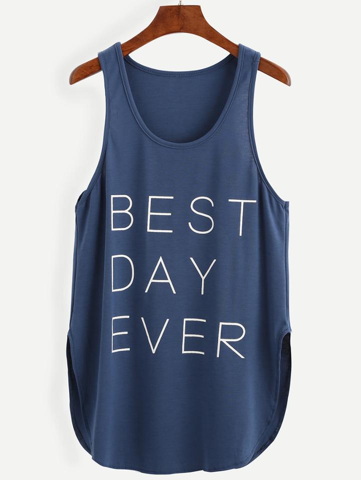 Romwe Blue Letter Print Tank Top