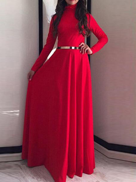 Romwe Red Stand Collar Belted Maxi Dress