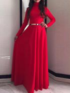 Romwe Red Stand Collar Belted Maxi Dress