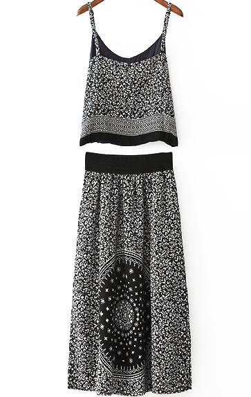 Romwe Spaghetti Strap Tank Top With Vintage Print Skirt