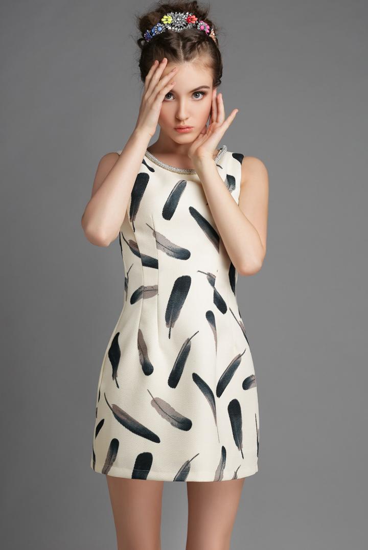 Romwe White Round Neck Sleeveless Feathers Print Dress