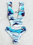 Romwe Abstract Print Plunge Neck Monokini