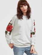 Romwe Heather Grey Embroidered Rose Applique Sweatshirt