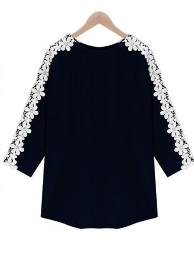 Romwe Contrast Lace Plus Black T-shirt