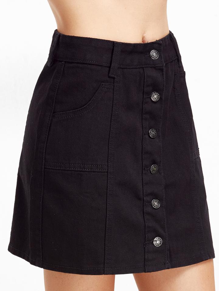 Romwe Black Single Breasted Pockets A Line Skirt