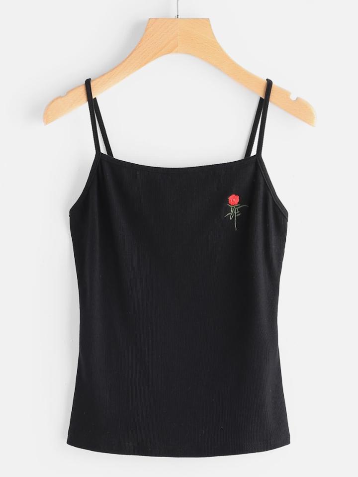 Romwe Flower Embroidered Rib Knit Cami Top