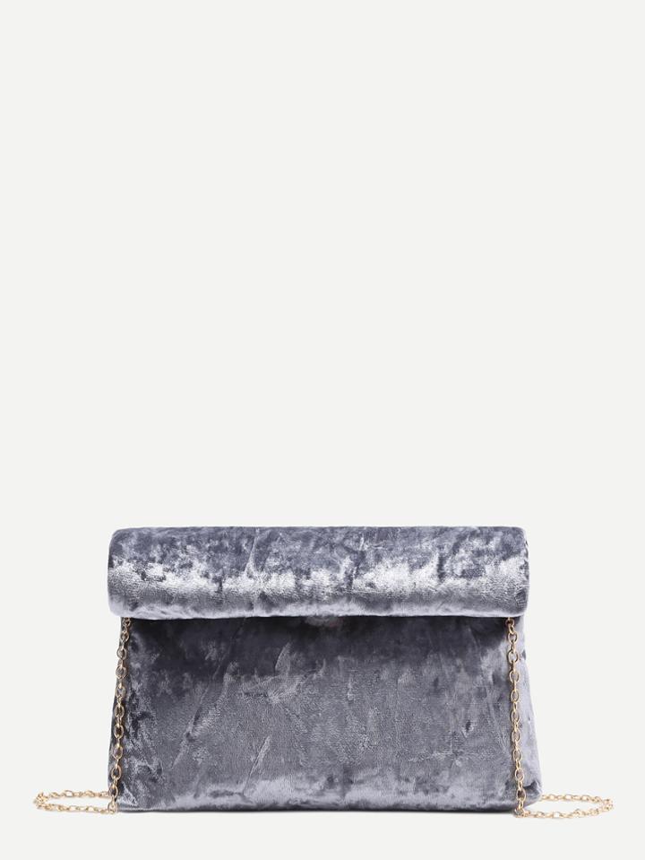 Romwe Grey Foldover Velvet Clutch Bag With Chain