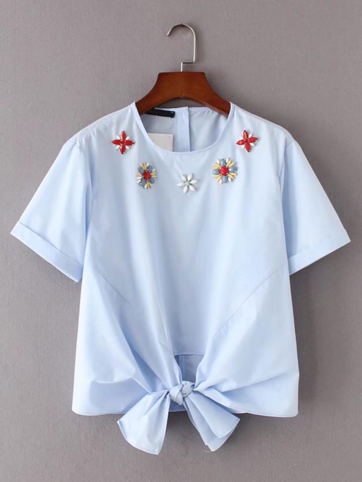 Romwe Knot Front Jewelry Embellished Top