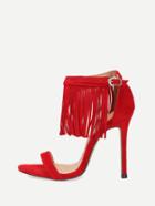 Romwe Red Faux Suede Fringe Ankle Strap Heeled Sandals