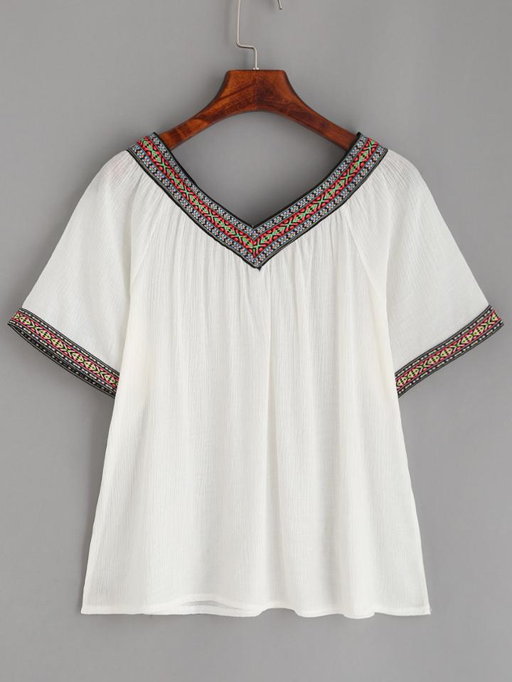Romwe White V Neck Embroidered Tap Detail Top