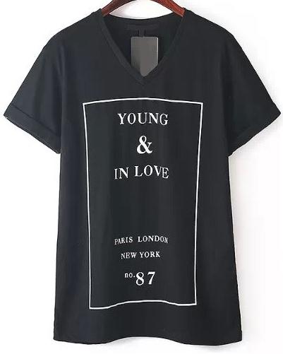 Romwe V Neck Letters Print Black T-shirt