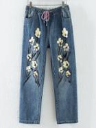 Romwe Blue Printed Drawstring Roll-up Jeans