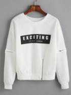 Romwe White Letter Print Zip Detail Sweatshirt