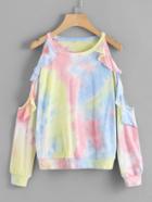 Romwe Cold Shoulder Frill Sleeve Water Color Sweatshirt