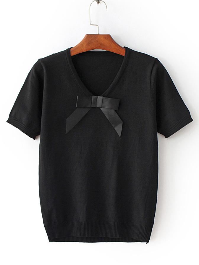 Romwe Black V Neck Bow Embellished Knit T-shirt