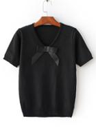 Romwe Black V Neck Bow Embellished Knit T-shirt