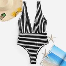 Romwe Contrast Mono Stripe Plunge One Piece Swimsuit