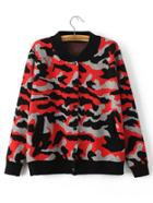 Romwe Red Camouflage Print Knitted Bomber Jacket With Buttons
