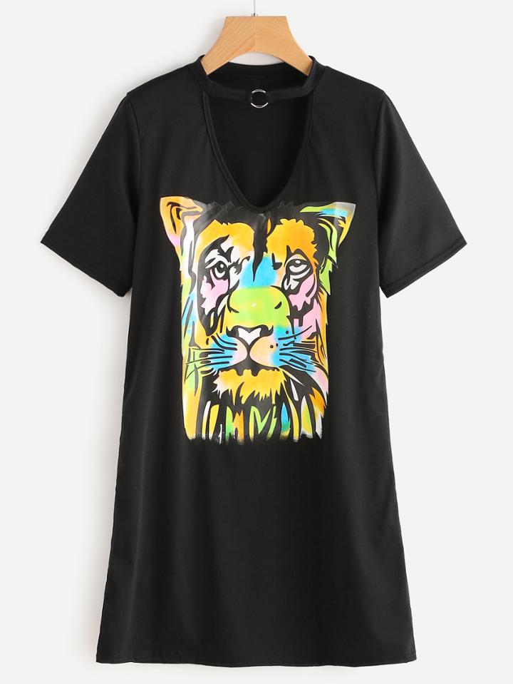 Romwe Choker V-cut Tiger Print Tee Dress