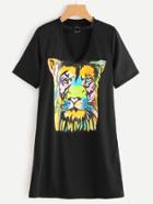 Romwe Choker V-cut Tiger Print Tee Dress