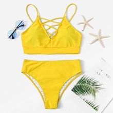 Romwe Thin Strap Caged Top With High Waist Bikini Set